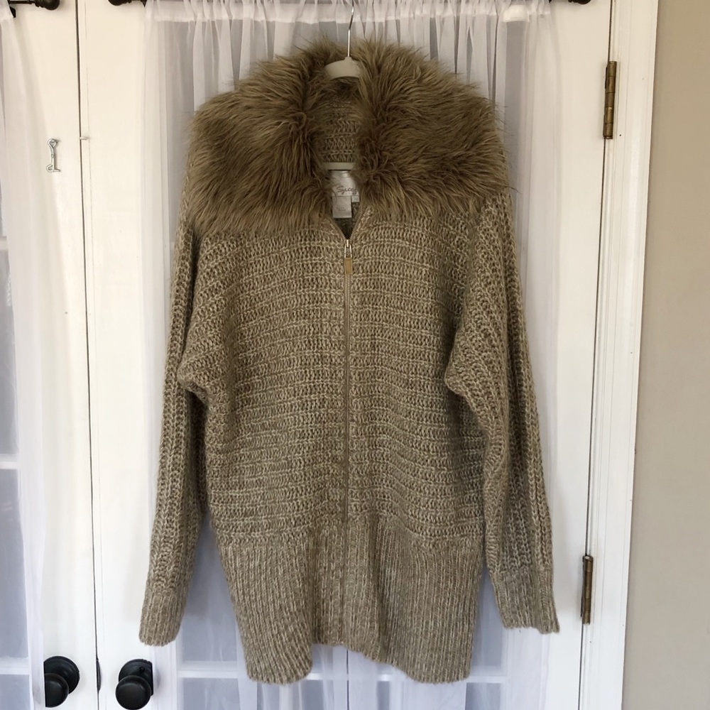 Tan knit sweater with fur collar